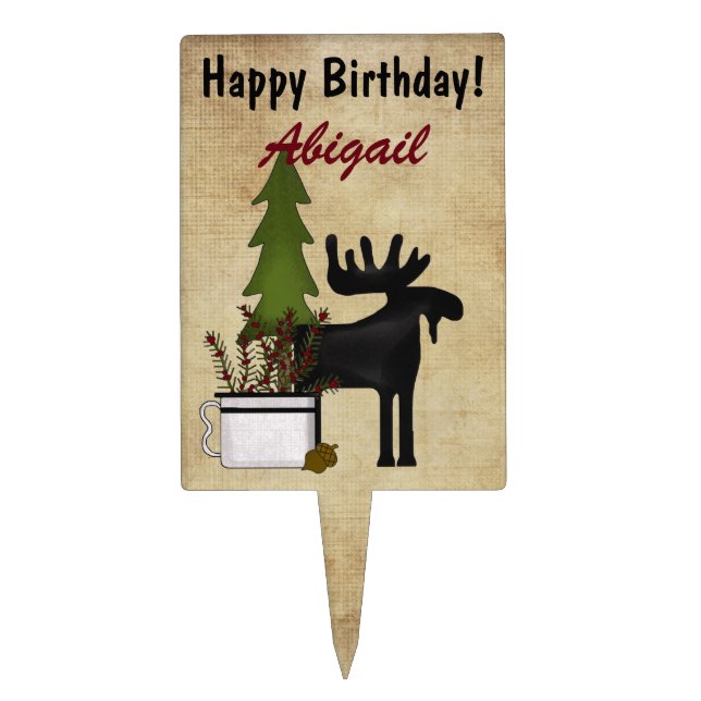 Personalized Rustic Moose Birthday Cake Topper (Front)