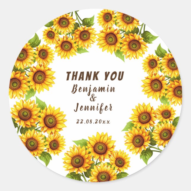 Personalized rustic morden sunflower wedding  classic round sticker (Front)