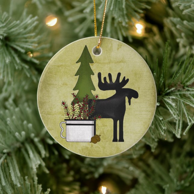 Personalized Rustic Mountain Country Moose Holiday Ceramic Ornament (Tree)