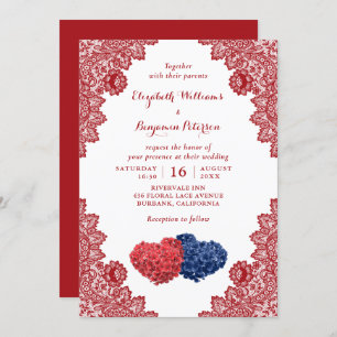 Personalized Rustic Navy Blue Red Floral Wedding Invitation