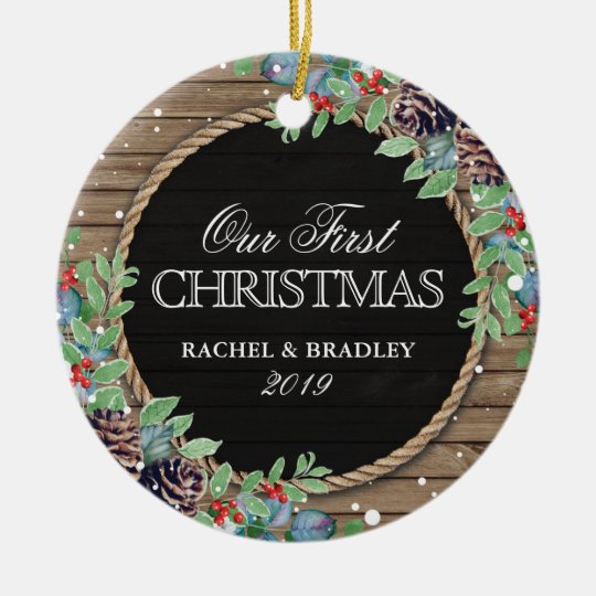 personalized rustic our first christmas winter ceramic ornament