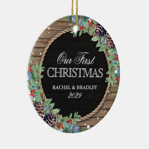Personalized Rustic Our First Christmas Winter Ceramic Ornament | Zazzle