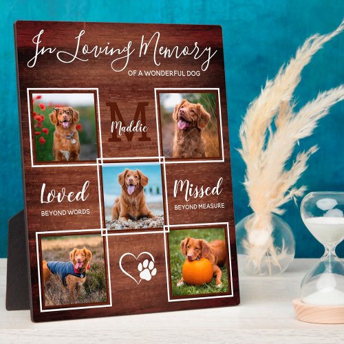 Personalized Rustic Pet Loss Dog Memorial 5 Photo Plaque