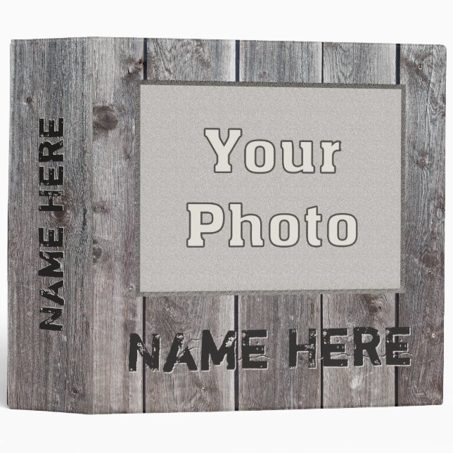 Personalized Rustic Photo Album Binder, Wood Look 3 Ring Binder (Front/Spine)