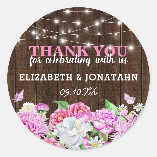 Personalized Rustic Pink Floral Wedding Classic Round Sticker (Front)