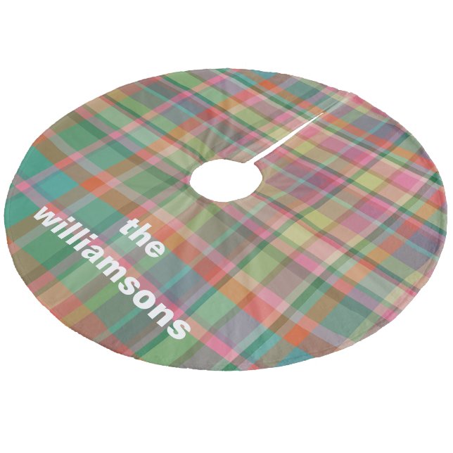 Personalized Rustic Plaid Family Name Christmas Fleece Tree Skirt (Angled)