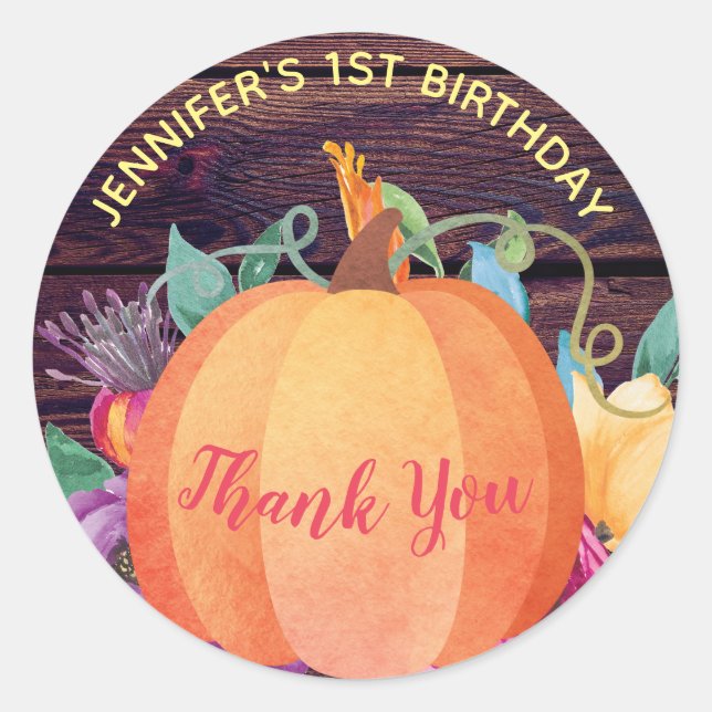 Personalized Rustic Pumpkin Flowers Fall Classic Round Sticker (Front)