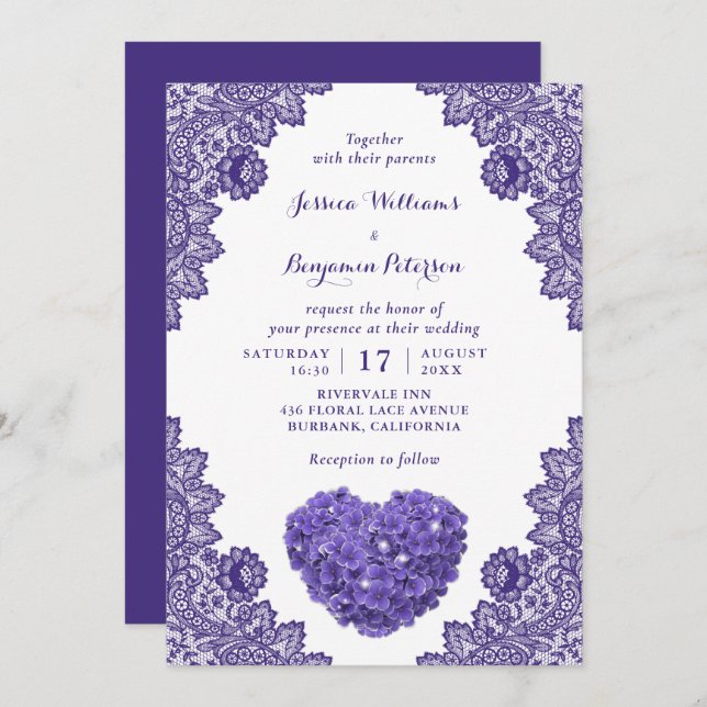 Personalized Rustic Purple Lace Hydrangea Wedding Invitation (Front/Back)