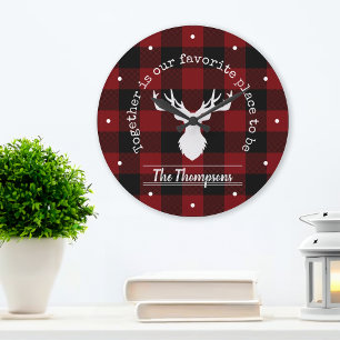 Personalized Rustic Red and Black Buffalo Plaid Large Clock