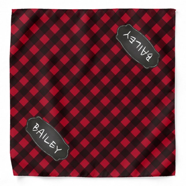 Personalized Rustic Red Black Buffalo Plaid Dog Ba Bandana (Front)