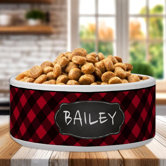 Personalized Rustic Red Black Buffalo Plaid Dog Bowl (Creator Uploaded)
