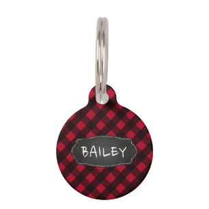 Personalized Rustic Red Black Buffalo Plaid Dog    Pet ID Tag