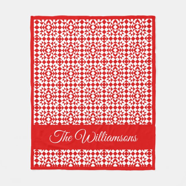 Personalized Rustic Red Christmas Geometric Quilt Fleece Blanket (Front)