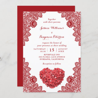 Personalized Rustic Red Lace Floral Wedding Invita Invitation