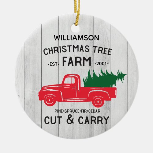 Personalized Rustic Red Vintage Truck Christmas Ceramic Ornament