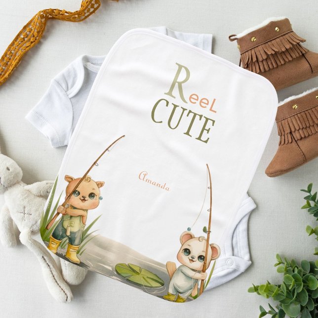 Personalized Rustic Reel Cute Cartoon Fishing  Baby Burp Cloth (Creator Uploaded)