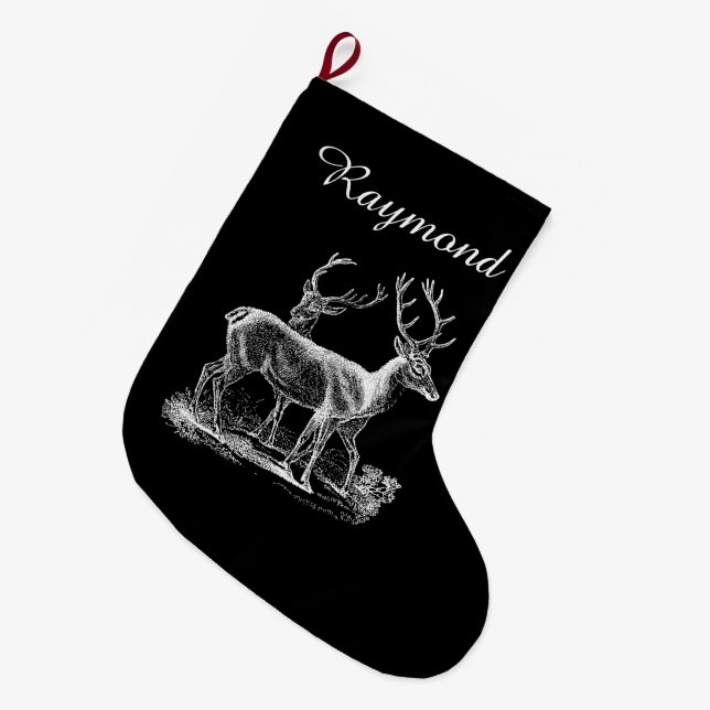 Personalized Rustic Reindeer Christmas Black White Large Christmas Stocking (Front (Hanging))