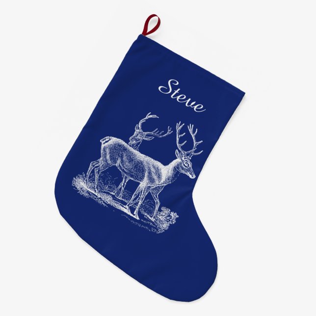 Personalized Rustic Reindeer Christmas Blue Color Large Christmas Stocking (Front (Hanging))