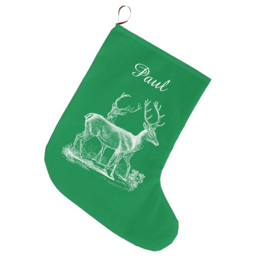 Personalized Rustic Reindeer Christmas Green Color Large Christmas Stocking