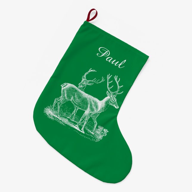 Personalized Rustic Reindeer Christmas Green Color Large Christmas Stocking (Front (Hanging))