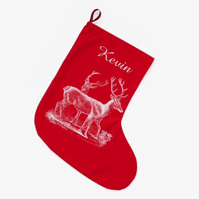 Personalized Rustic Reindeer Christmas Red Color Large Christmas Stocking (Front (Hanging))