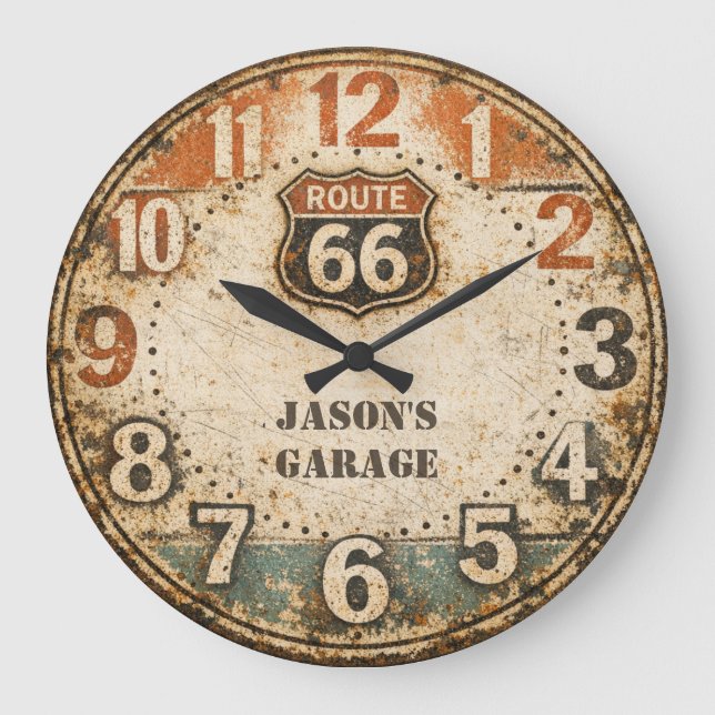 Personalized Rustic Route 66 Weathered Art Large Clock (Front)