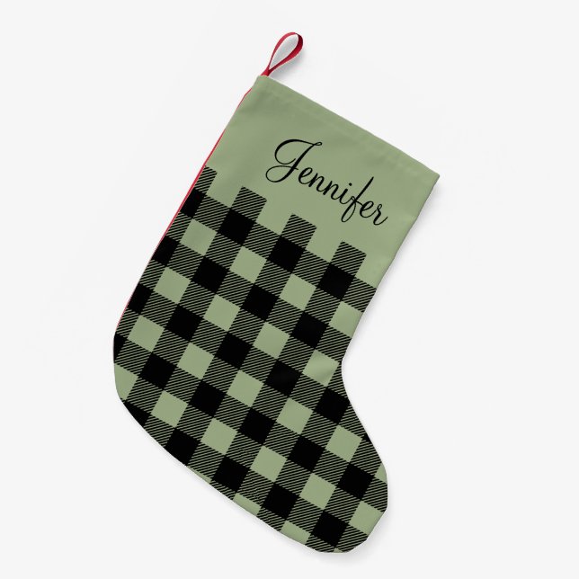 Personalized Rustic Sage Green Buffalo Plaid  Small Christmas Stocking (Front (Hanging))