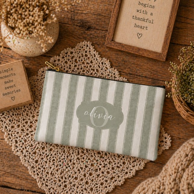 Personalized Rustic Sage Green Srtiped Accessory Pouch (Creator Uploaded)