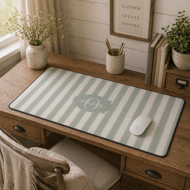 Personalized Rustic Sage Green Srtiped Desk Mat (Creator Uploaded)