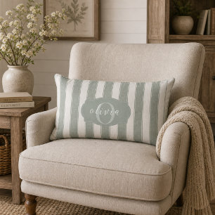 Personalized Rustic Sage Green Srtiped Lumbar Pillow