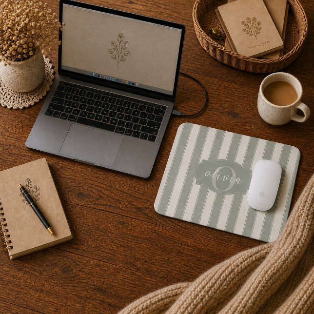 Personalized Rustic Sage Green Srtiped Mouse Pad (Creator Uploaded)