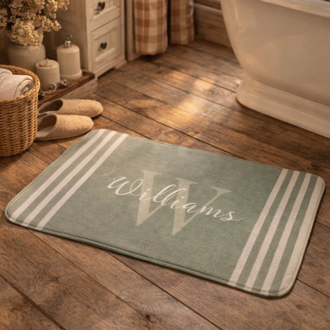 Personalized Rustic Sage Green Stripe Bath Mat (Creator Uploaded)
