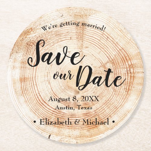 Personalized Rustic Save our date Printed Wood Round Paper Coaster