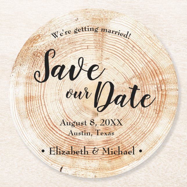Personalized Rustic Save our date Printed Wood Round Paper Coaster (Front)