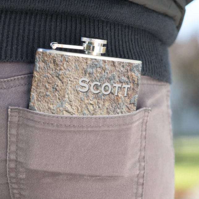 Personalized Rustic | Slate Rock Stone Add Name Hip Flask (In Situ)