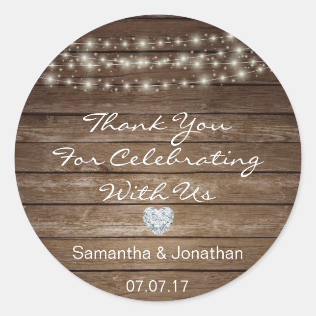 Personalized Rustic String Lights Wood Wedding Classic Round Sticker (Front)