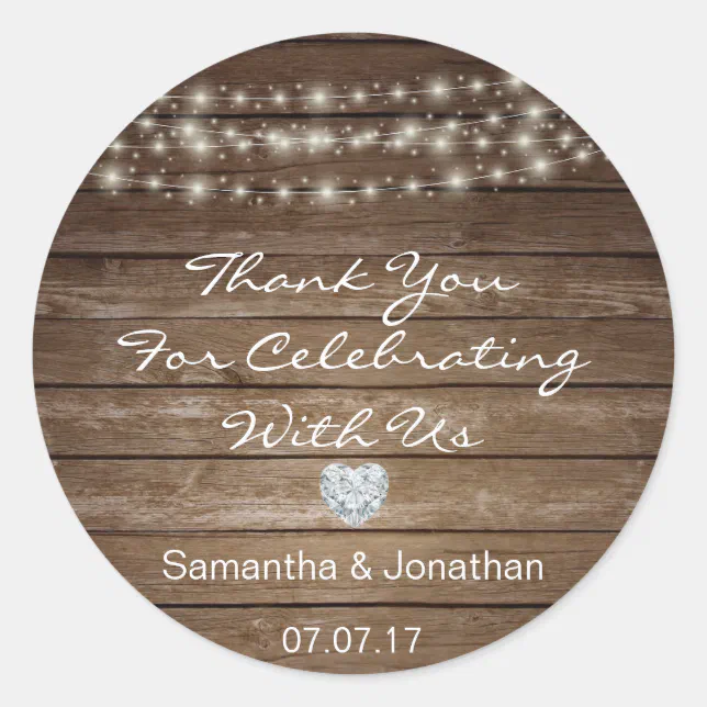 Personalized Rustic String Lights Wood Wedding Classic Round Sticker ...