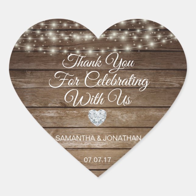Personalized Rustic String Lights Wood Wedding Heart Sticker (Front)