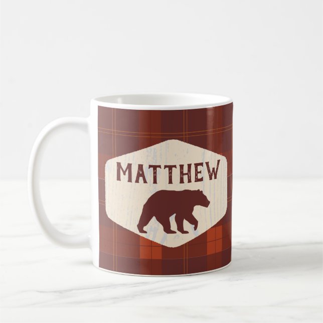 Personalized Rustic Style Plaid Bear Coffee Mug (Left)