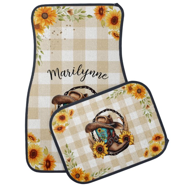 Personalized Rustic Sunflower Cowgirl Car Floor Mat (Set)