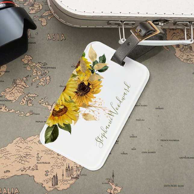 Personalized Rustic Sunflower Gold Green Floral Luggage Tag (Creator Uploaded)