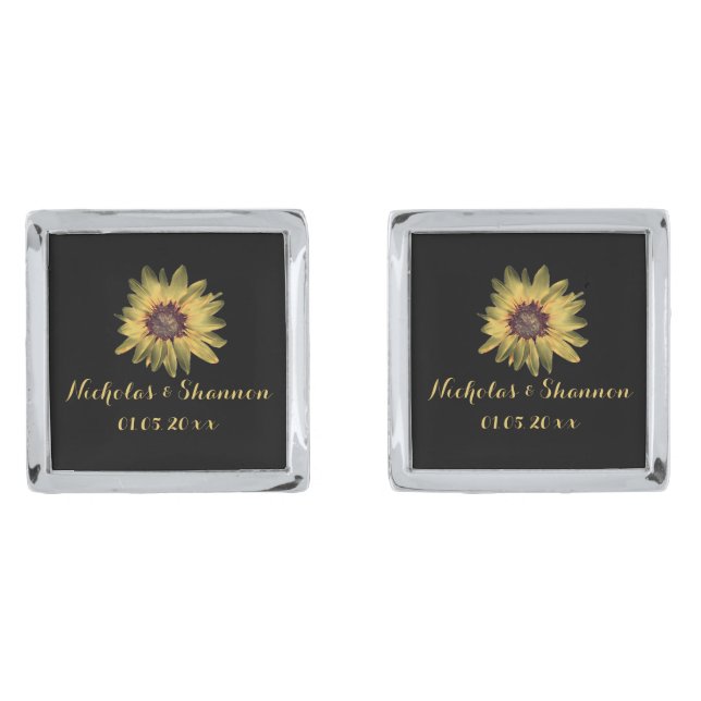 Personalized Rustic Sunflower Wedding Cufflinks (Front)