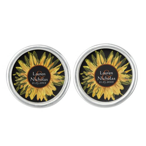 Personalized Rustic Sunflower Wedding Cufflinks