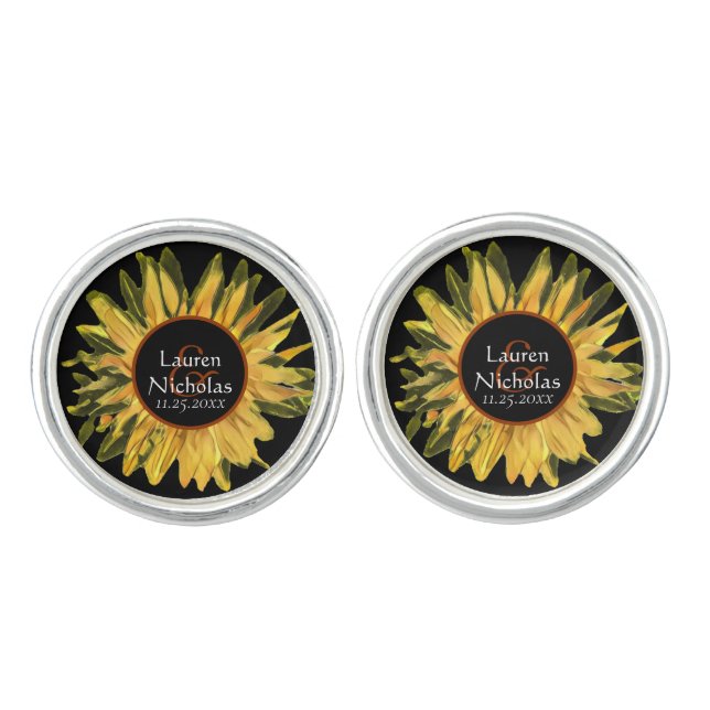 Personalized Rustic Sunflower Wedding Cufflinks (Front)