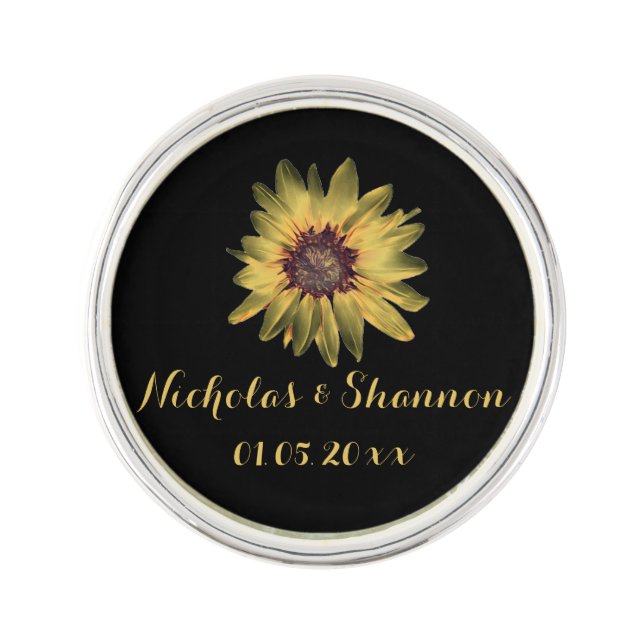 Personalized Rustic Sunflower Wedding Lapel Pin (Front)