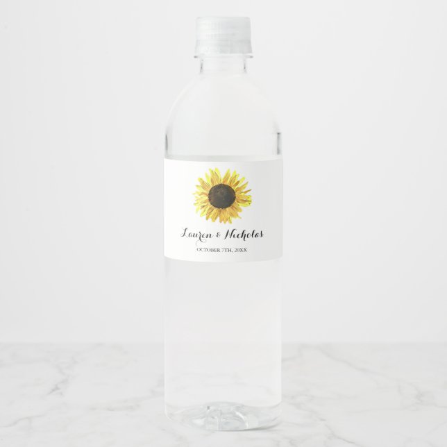 Personalized Rustic Sunflower Wedding  Water Bottle Label (Front)