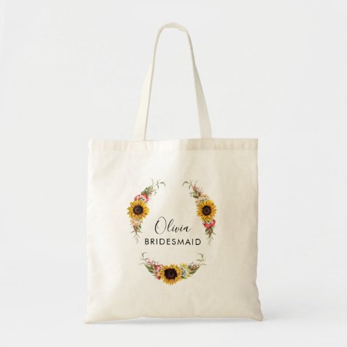 Personalized rustic sunflower wreath bridesmaid tote bag