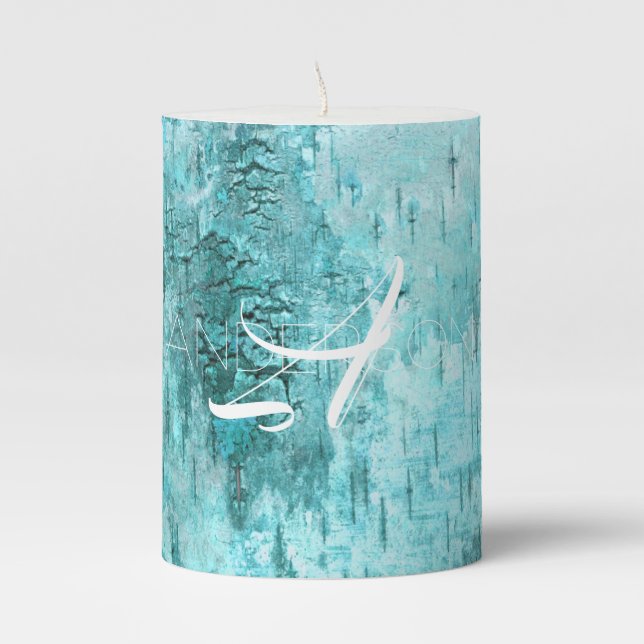 Personalized Rustic teal bark background deep  Pillar Candle (Front)