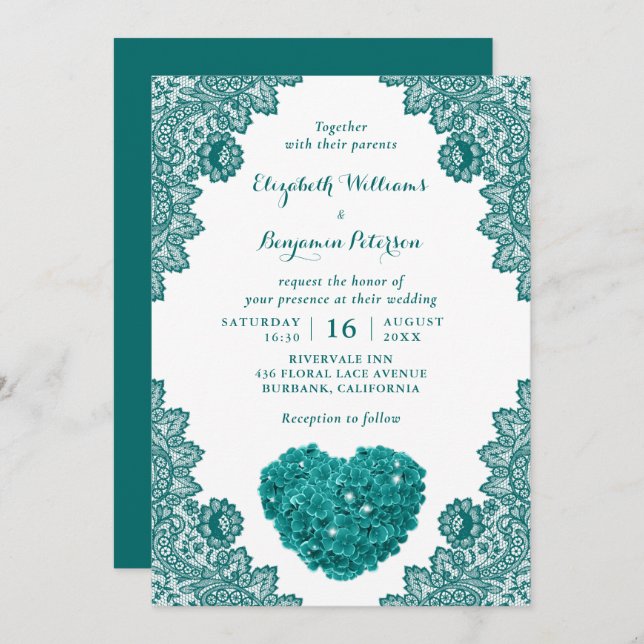 Personalized Rustic Teal Lace Hydrangea Wedding Invitation (Front/Back)