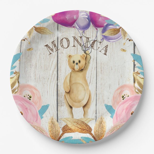Personalized Rustic Teddy Bear Paper Plates (Front)
